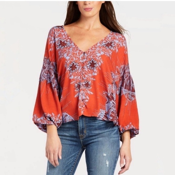 Free People Birds of a Feather blouse boho top terracotta  blue size Xs - Picture 2 of 13